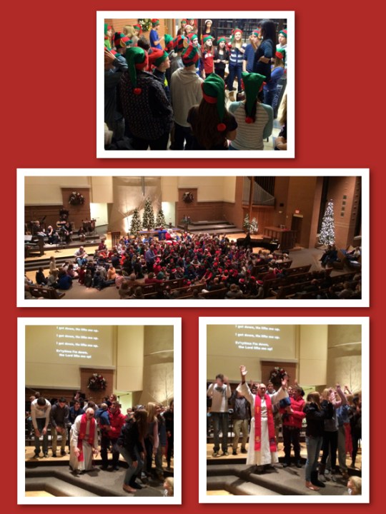 Blessings upon blessings at Calvary Lutheran Church...  After dinner, St. Nick's elves get prepped on proper shoe collecting, then the children gather to hear the message of giving and God's love for all. At the end of the service, Pastor Herb joins the kids for "I Get Down, and He lifts me up!" before the kids rush out to find their shoes filled with candy bags.