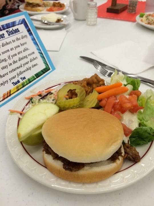 The menu was BBQ pulled pork or brisket, salad bar, southern style baked beans, apples and caramel dip, and carrot cake.  Some of these recipes (or links to the recipes) will follow at the end of this post.