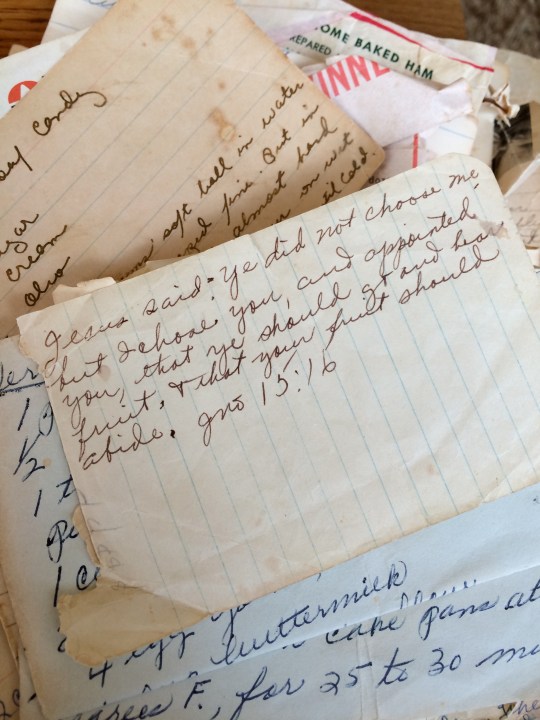 While looking for recipes in my grandmother's recipe box, I found a bible verse tucked into the middle of the chaos of recipes. God speaks where you least expect it.